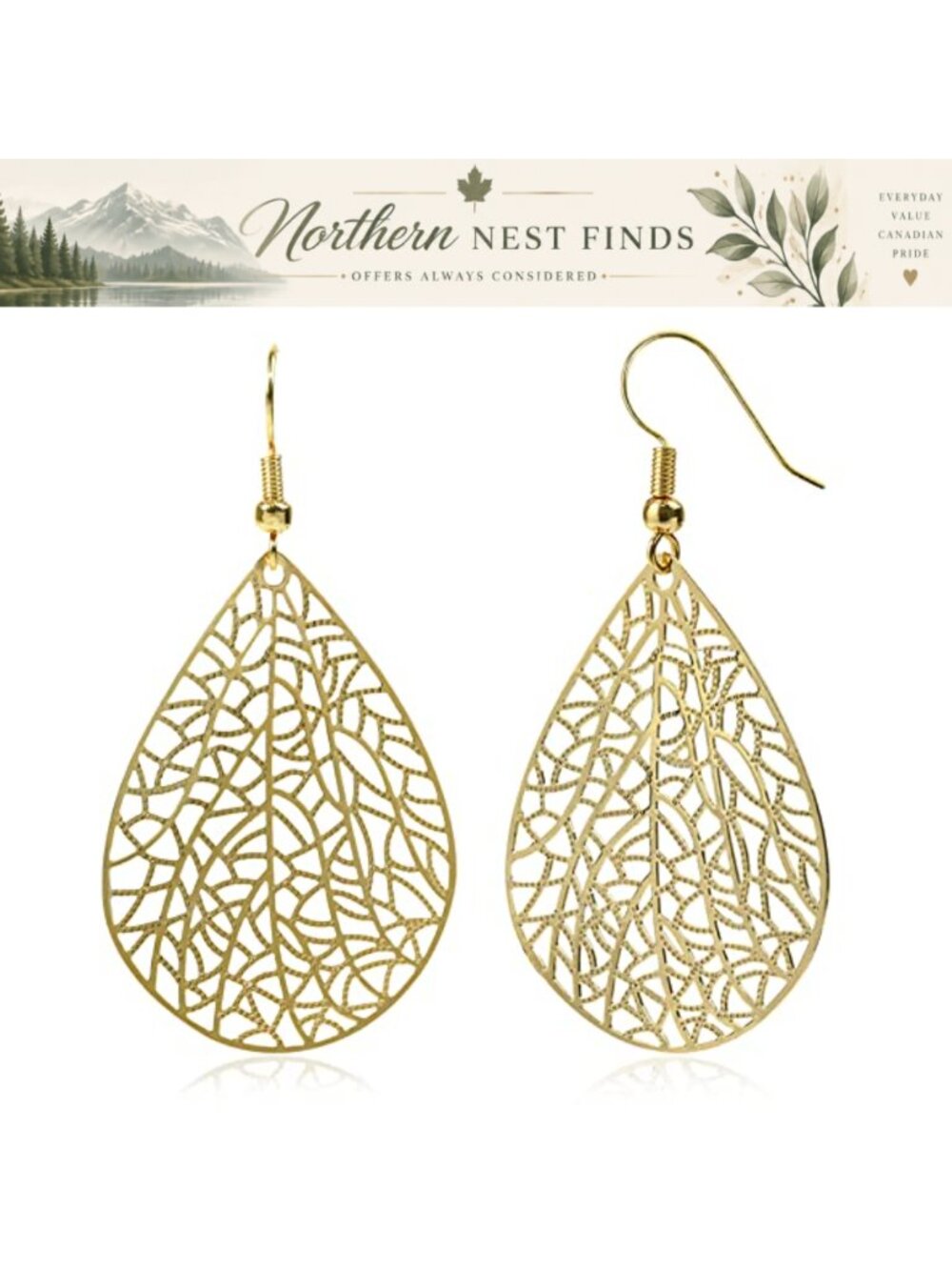 14k Gold Plated Teardrop Dangle Earrings Handmade Filigree Drop Women